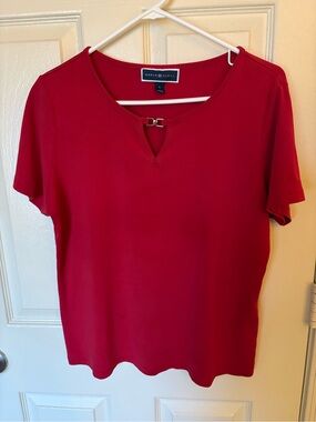 Karen Scott Red Short-Sleeve Keyhole Top with Hardware Accent
